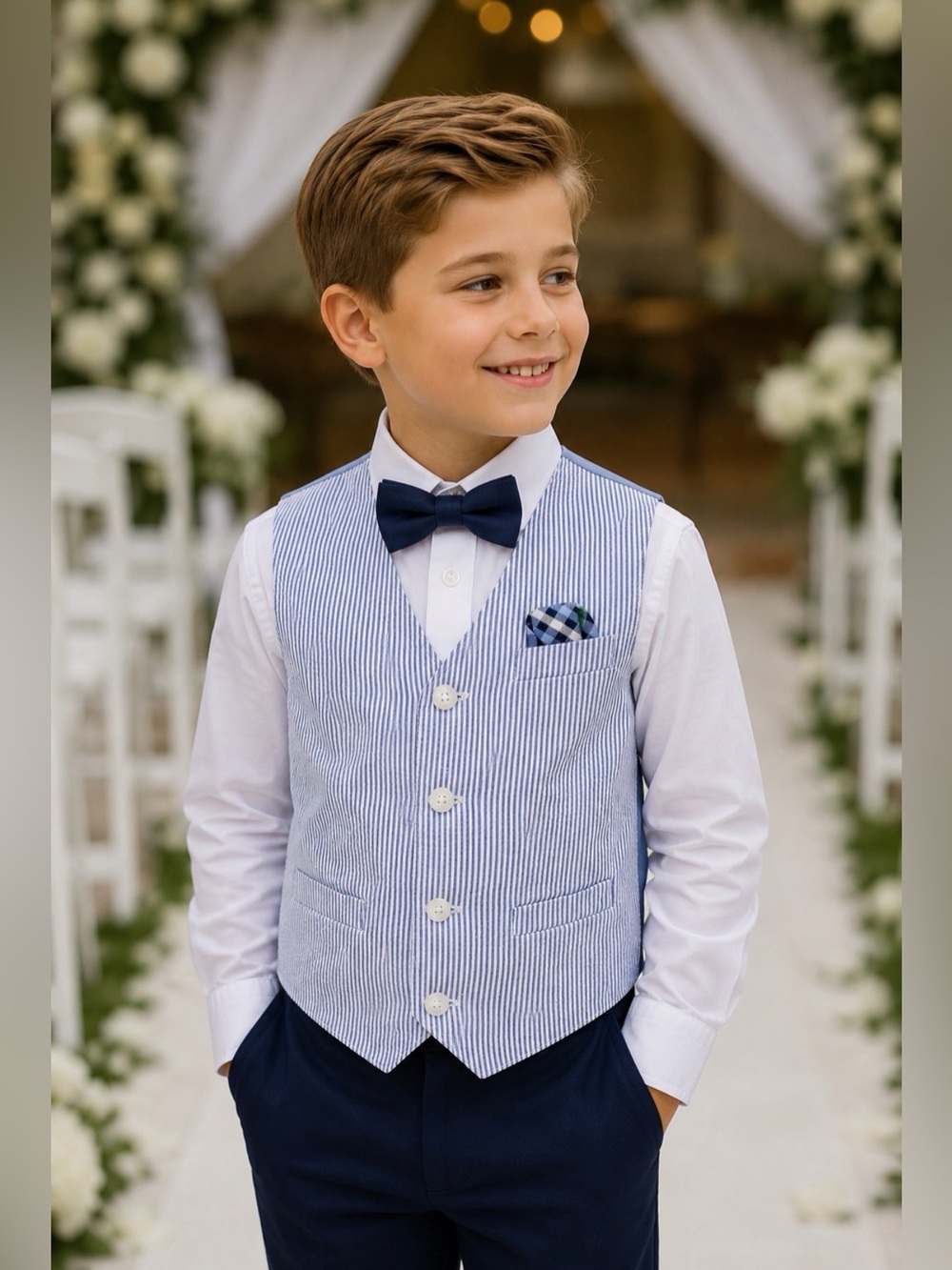 Boys IZOD Blue & White Seersucker Vest Size 7 Ring Bearer Church Wedding Preppy